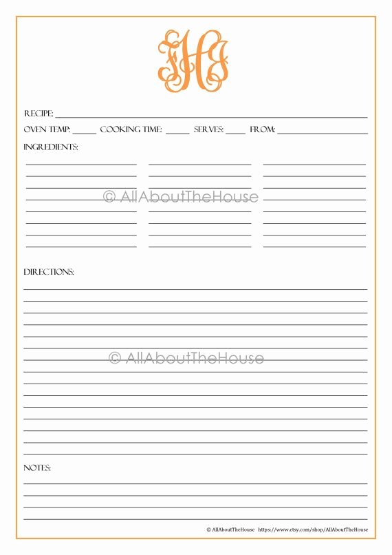 Fillable Recipe Card Template Awesome Monogram Recipe Sheet Editable Recipe Card Preppy Template