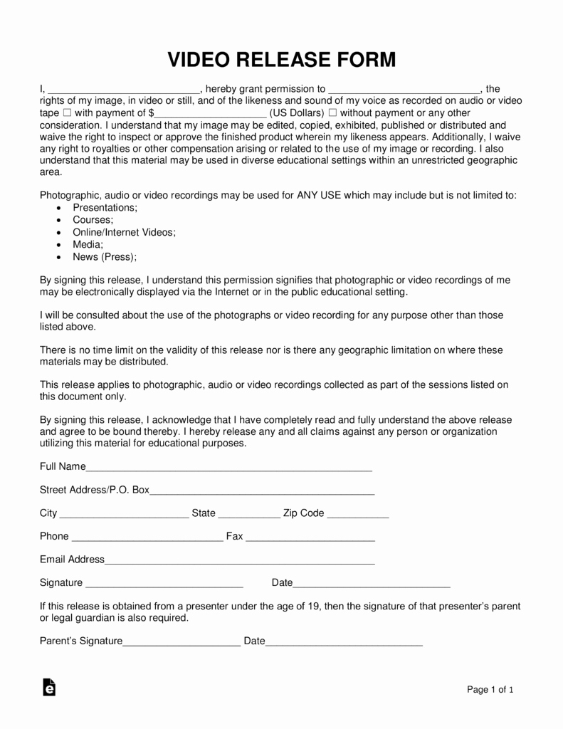 Film Release forms Templates Fresh Free Video Release form Word Pdf
