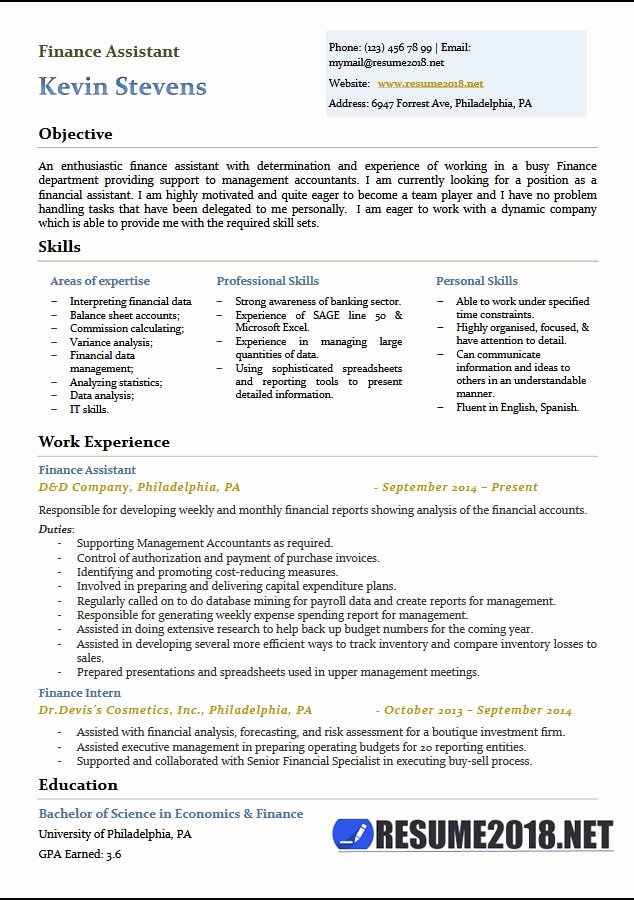 Finance Resume Template Word Awesome Finance assistant Resume Templates 2018 6 Samples In Word