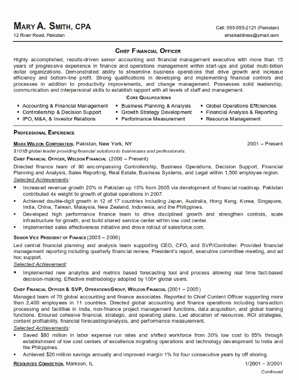 Finance Resume Template Word Inspirational Chief Financial Ficer Cfo Resume Template Example