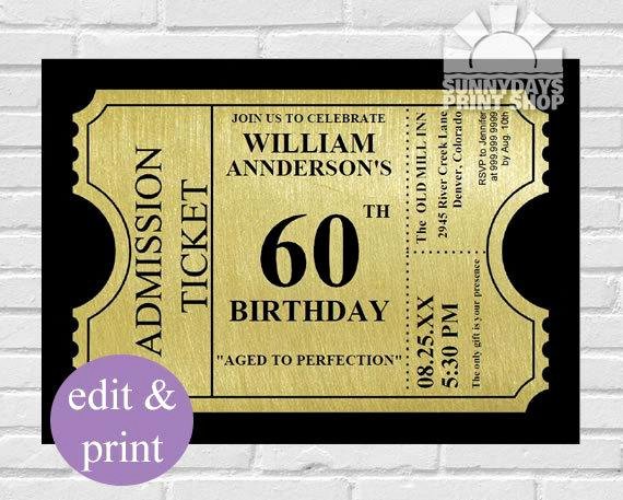 Free 60th Birthday Invitations Templates Fresh Gold Ticket 60th Birthday Invitation60th by Spicedappleparties