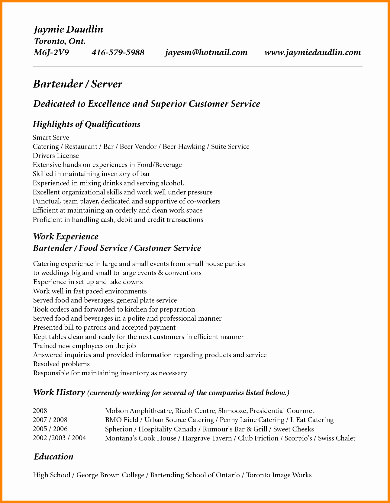 Free Bartender Resume Templates Beautiful 10 Free Bartender Resume Templates