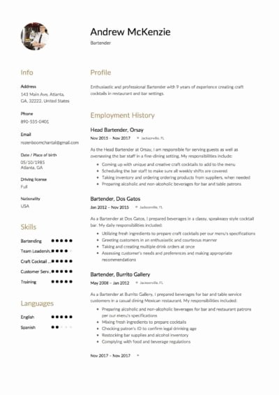 Free Bartender Resume Templates New Bartender Resume [ 12 Samples] 2019