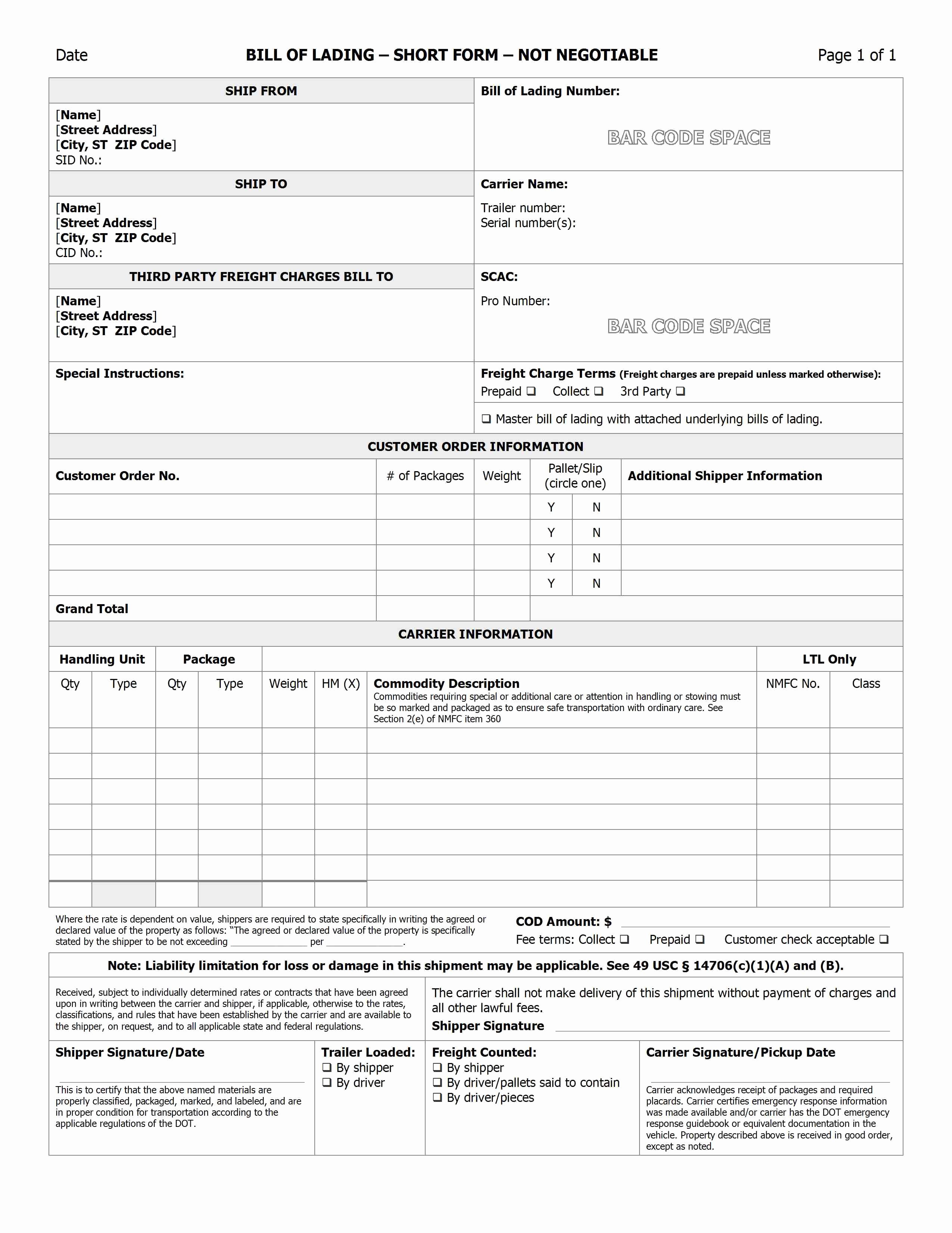 Free Bill Of Lading Template Awesome Bill Of Lading Template