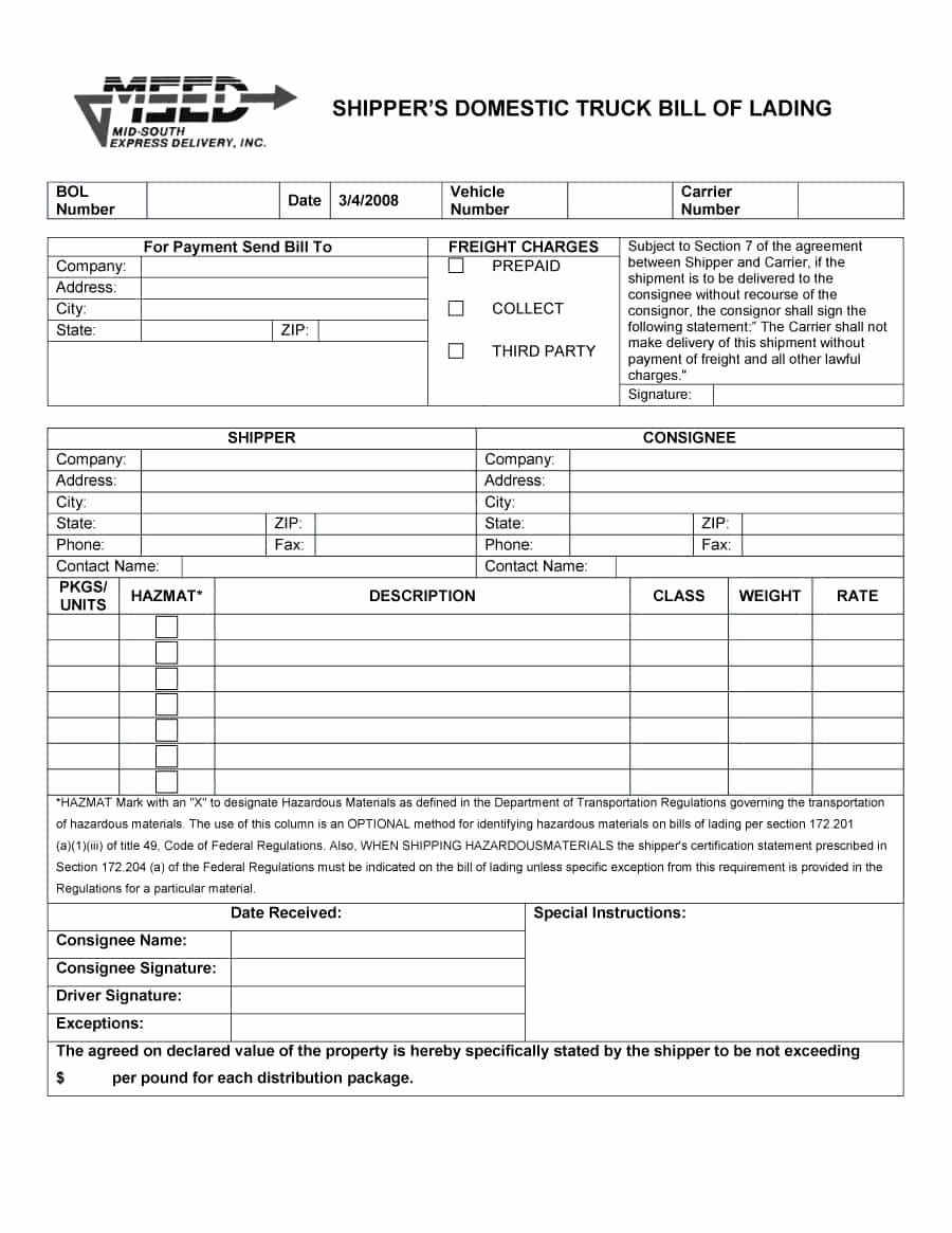 Free Bill Of Lading Template Inspirational 40 Free Bill Of Lading forms &amp; Templates Template Lab