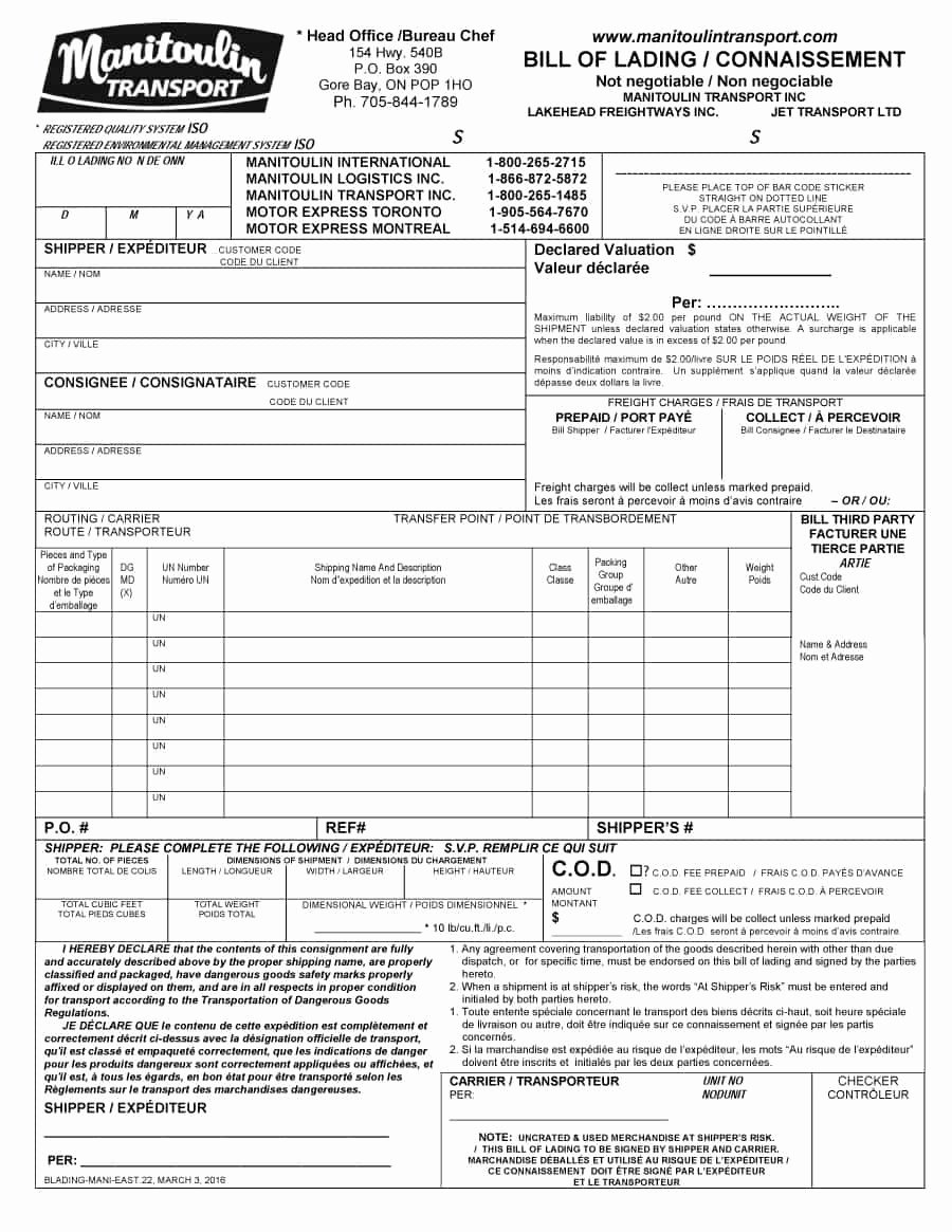 Free Bill Of Lading Template Inspirational 40 Free Bill Of Lading forms &amp; Templates Template Lab
