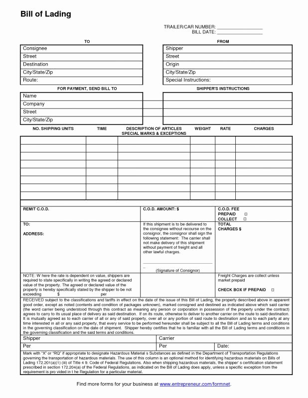 Free Bill Of Lading Template New Free Bill Lading Template Excel