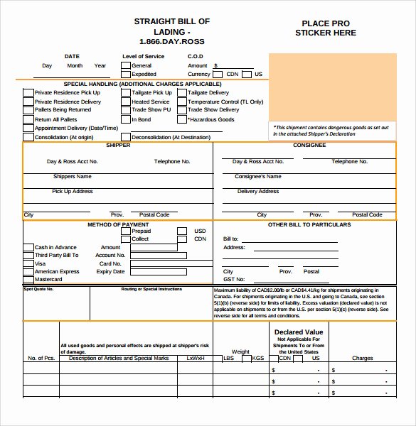 Free Bill Of Lading Template New Sample Bill Of Lading 5 Documents In Pdf