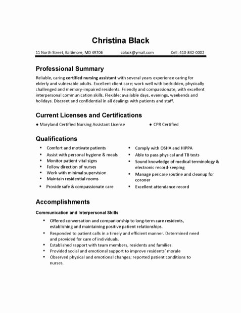 Free Cna Resume Templates Awesome Certified Nursing assistant Resume Example Sample Cna