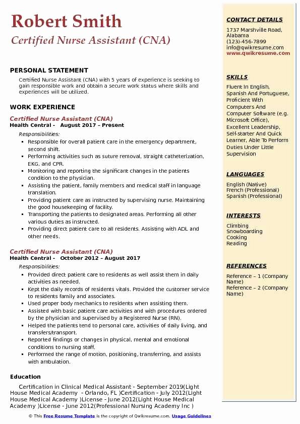 Free Cna Resume Templates Fresh Certified Nurse assistant Resume Samples