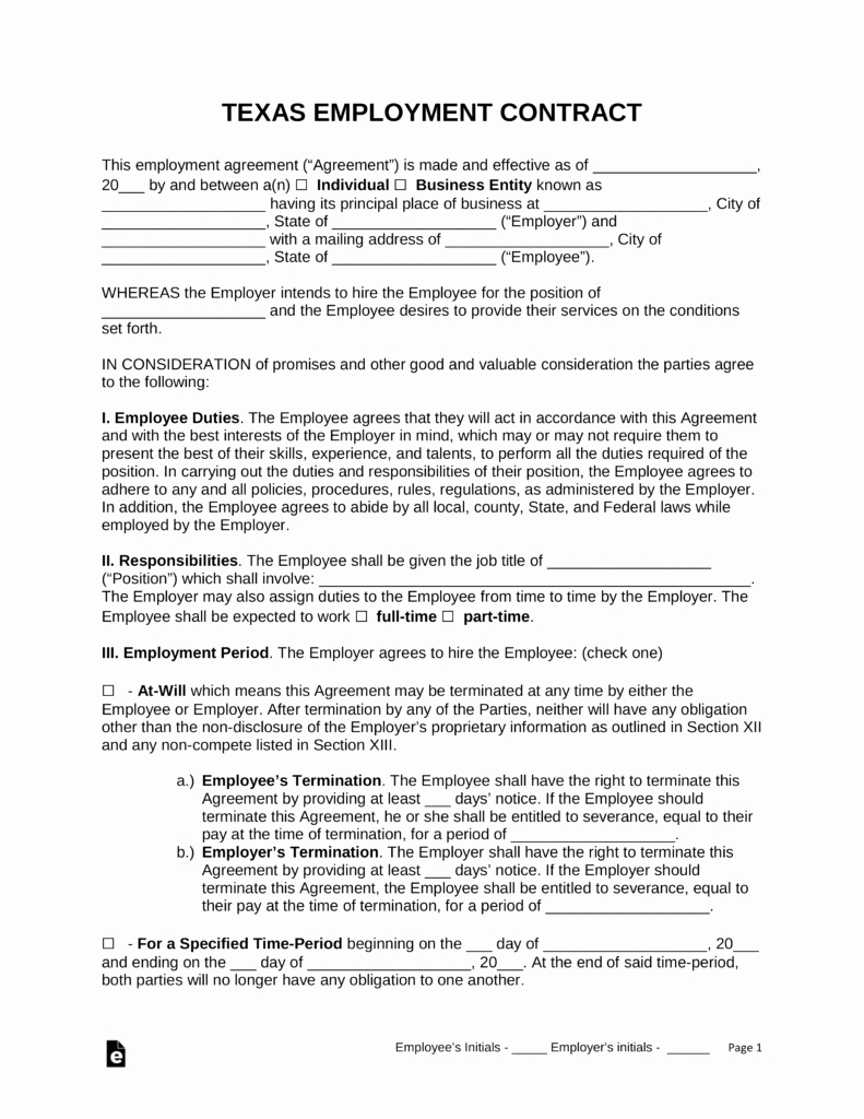 Free Employment Contract Template Word Fresh Free Texas Employment Contract Agreement Pdf