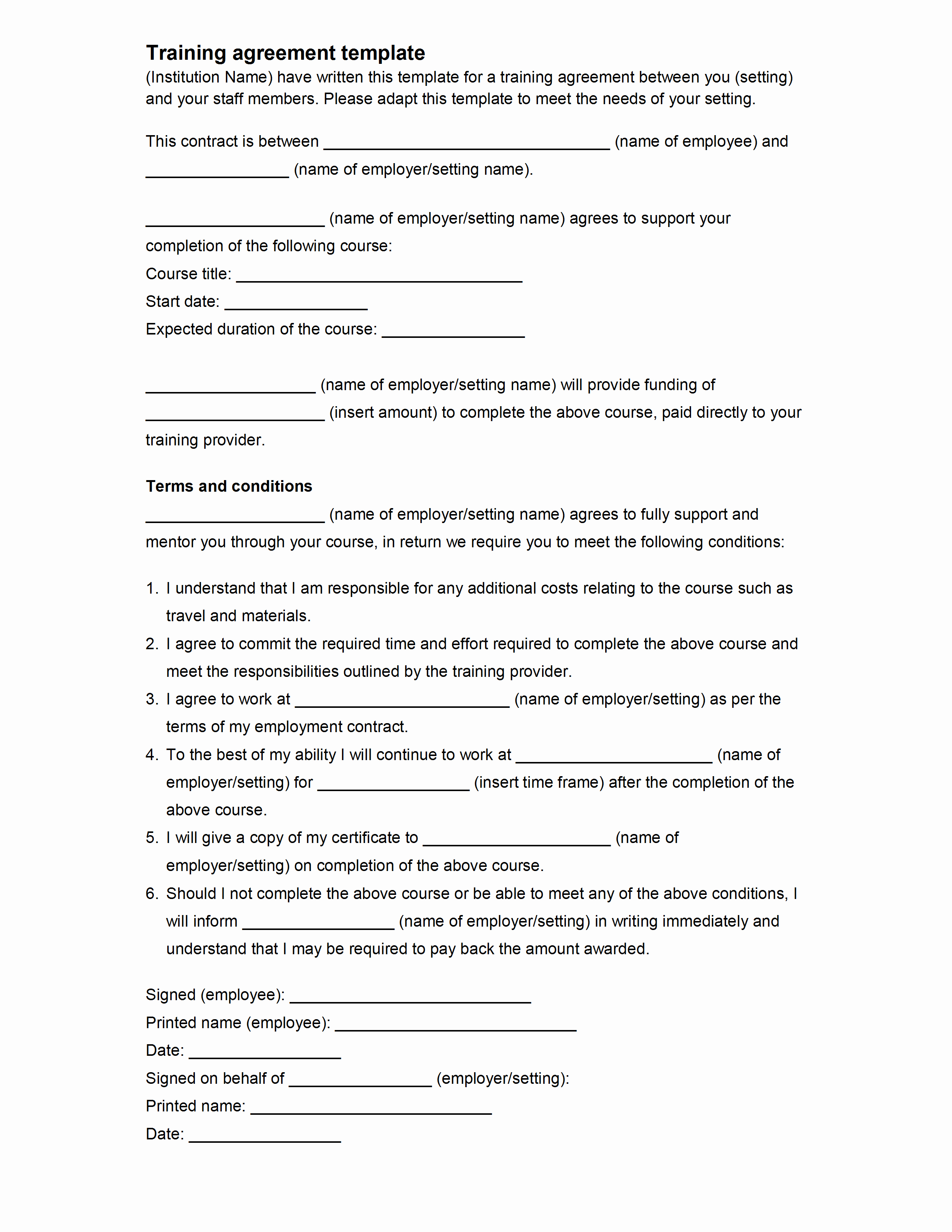 Free Employment Contract Template Word Lovely Employee Training Agreement Template