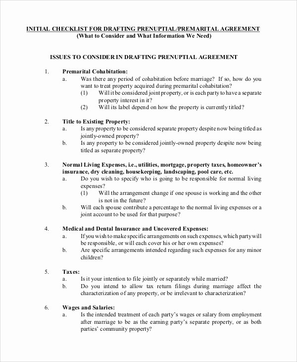 Free Prenup Agreement Template Awesome Prenuptial Agreement Checklist