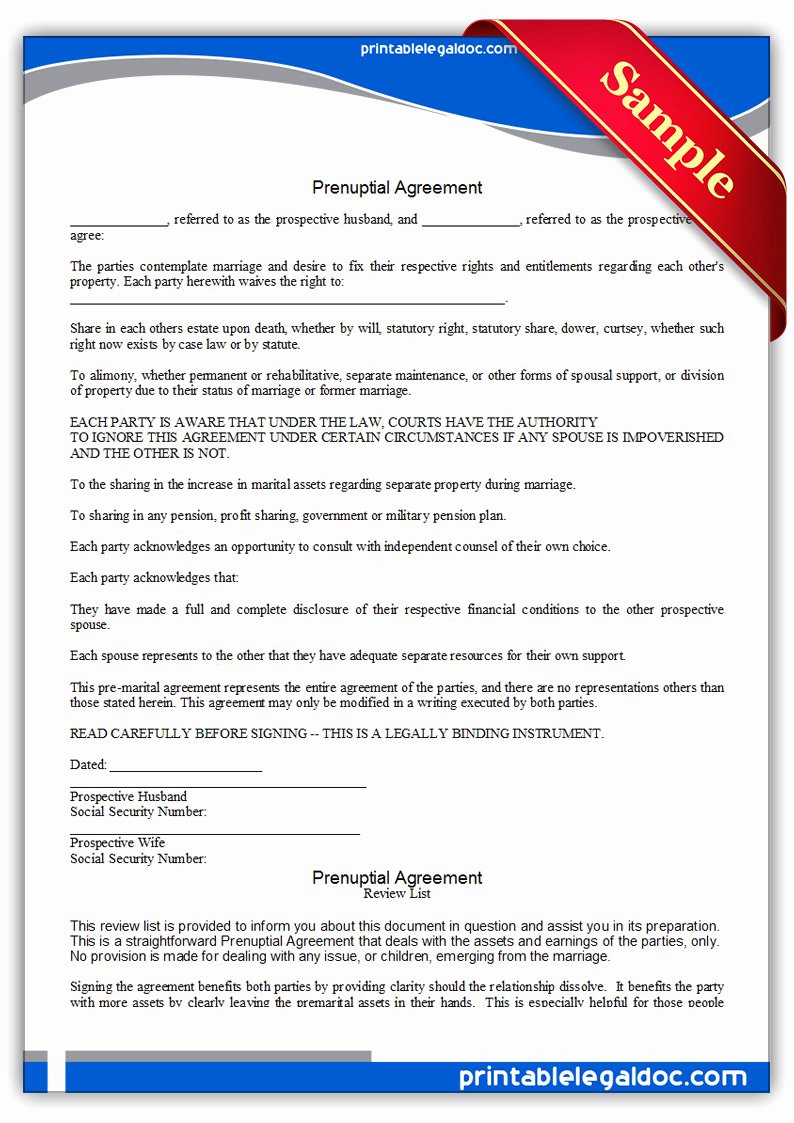 Free Prenup Agreement Template Beautiful Free Printable Prenuptial Agreement form Generic