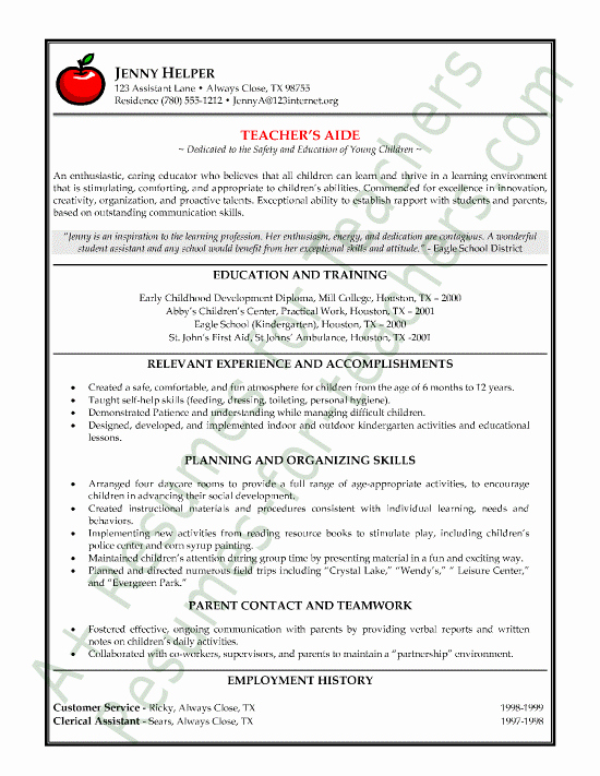 Free Teacher Resume Templates Inspirational Teacher S Aide or assistant Resume Sample or Cv Example