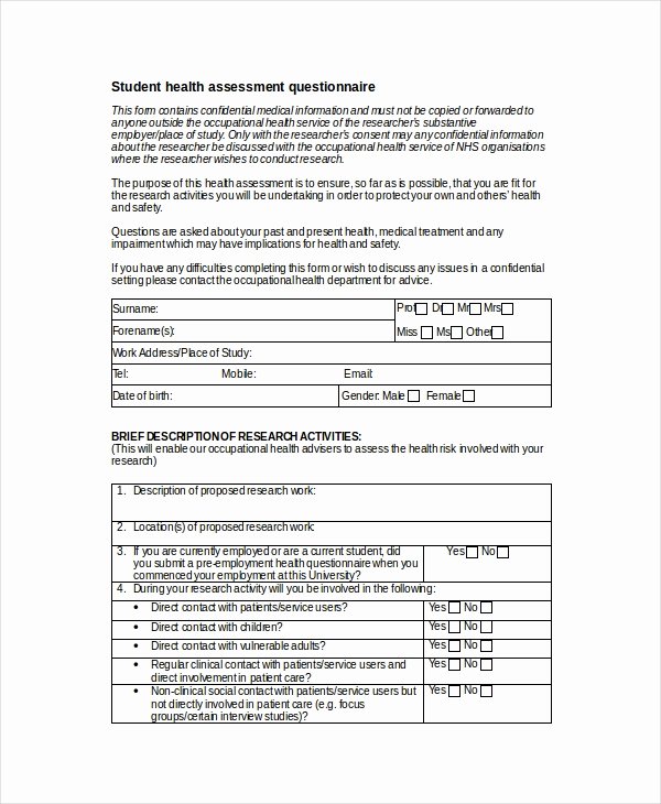 Health Risk assessment Questionnaire Template Beautiful Free 34 Health Questionnaire Examples In Pdf Doc