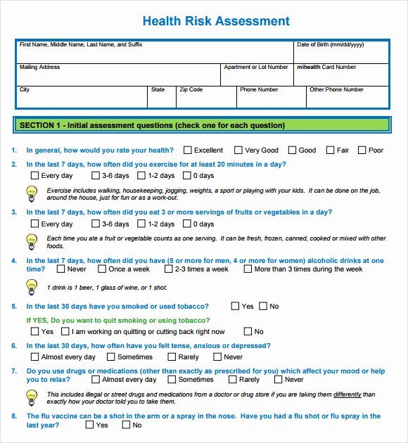 Health Risk assessment Questionnaire Template Fresh Sample Health Risk assessment 9 Documents In Pdf