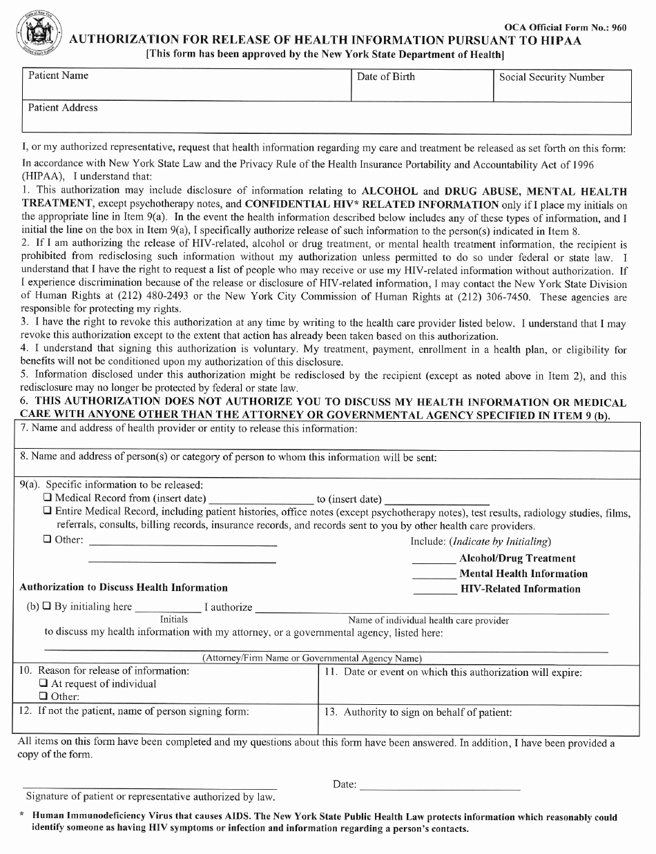 Hipaa Release form Template Awesome Oca Ficial form 960 Authorization for Release
