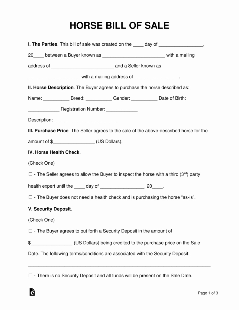 Horse Bill Of Sale Template New Free Horse Bill Of Sale form Word Pdf