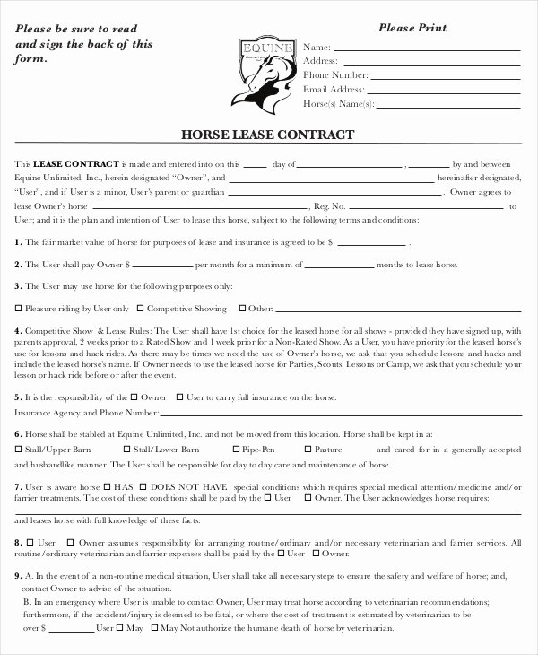Horse Lease Agreement Template Beautiful Lease Contract form 9 Free Word Pdf Documents Download