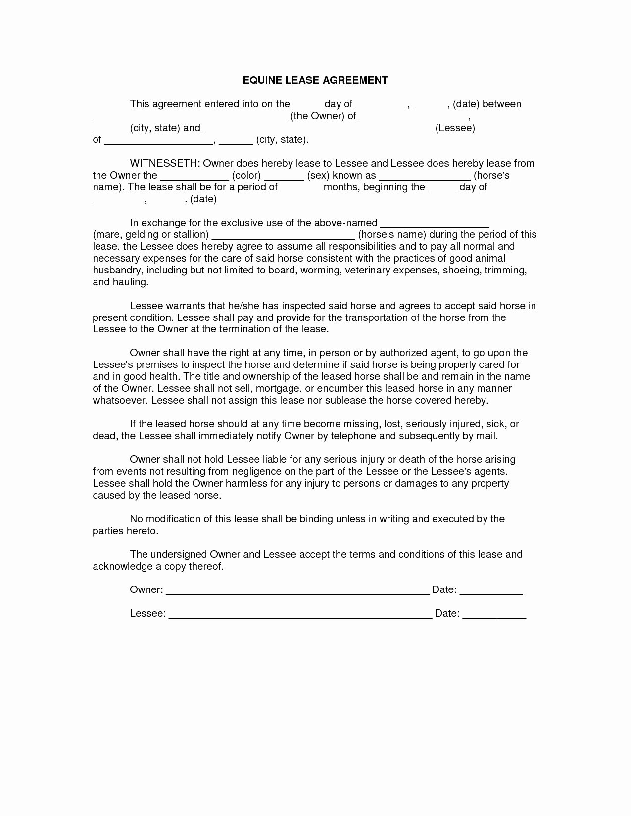 Horse Lease Agreement Template Inspirational Equine Lease Agreement