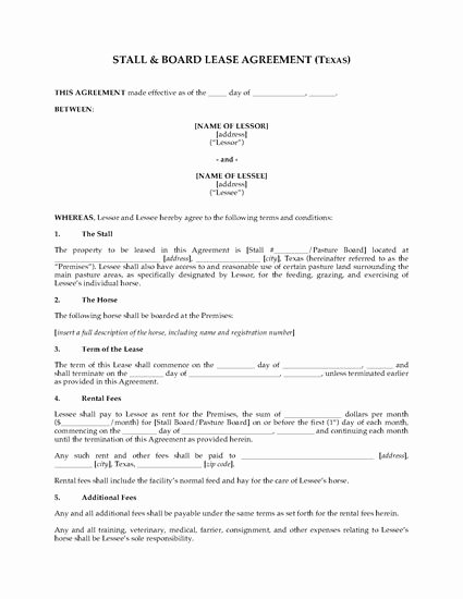 Horse Lease Agreement Templates Awesome Texas Horse Boarding and Stall Lease Agreement