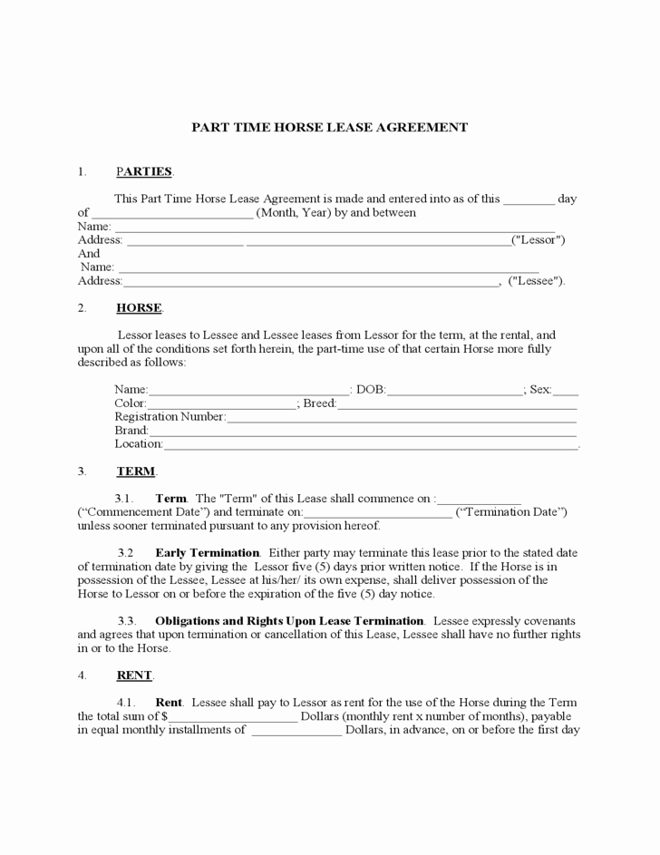 Horse Lease Agreement Templates Elegant Part Time Horse Lease Agreement Free Download