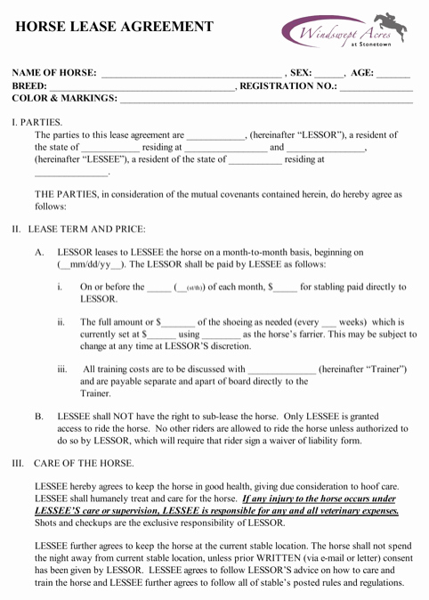 Horse Lease Agreement Templates Inspirational Download Horse Lease Agreement for Free formtemplate