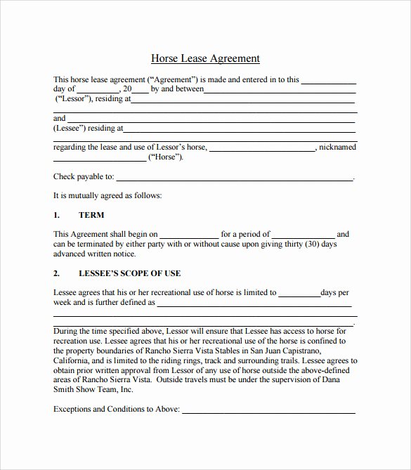 Horse Lease Agreement Templates New Sample Horse Lease Agreement 7 Documents In Pdf