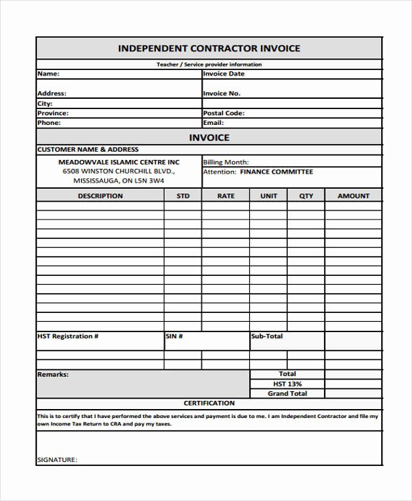 Independent Contractor Invoice Template New Contractor Invoice Template 10 Free Word Pdf format