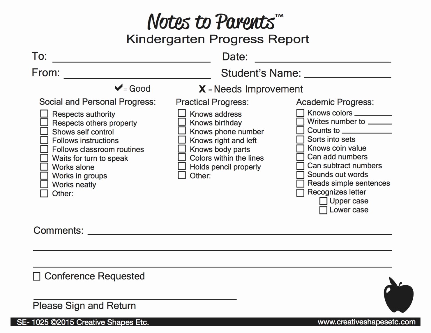 Kindergarten Progress Report Template Awesome Creative Shapes Notes to Parents Kindergarten Progress