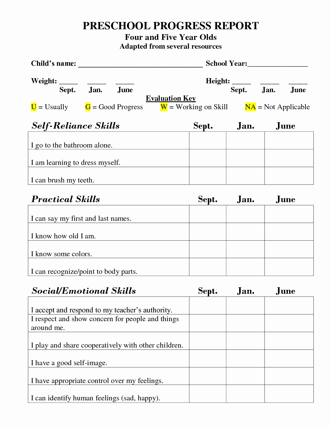Kindergarten Progress Report Template Lovely Nursery Daily forms