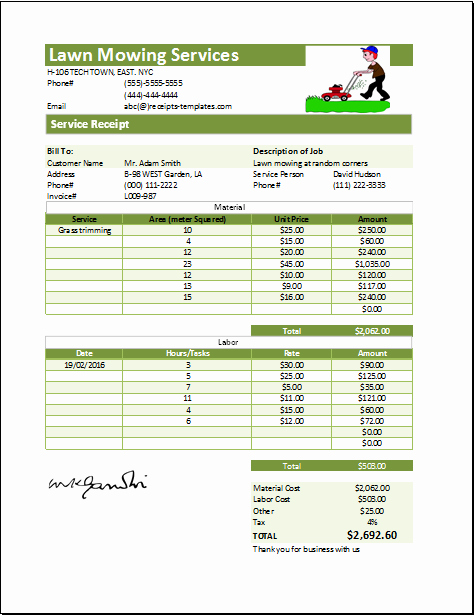 Lawn Care Estimate Template Awesome Ms Excel Printable Lawn Mowing Receipt Template
