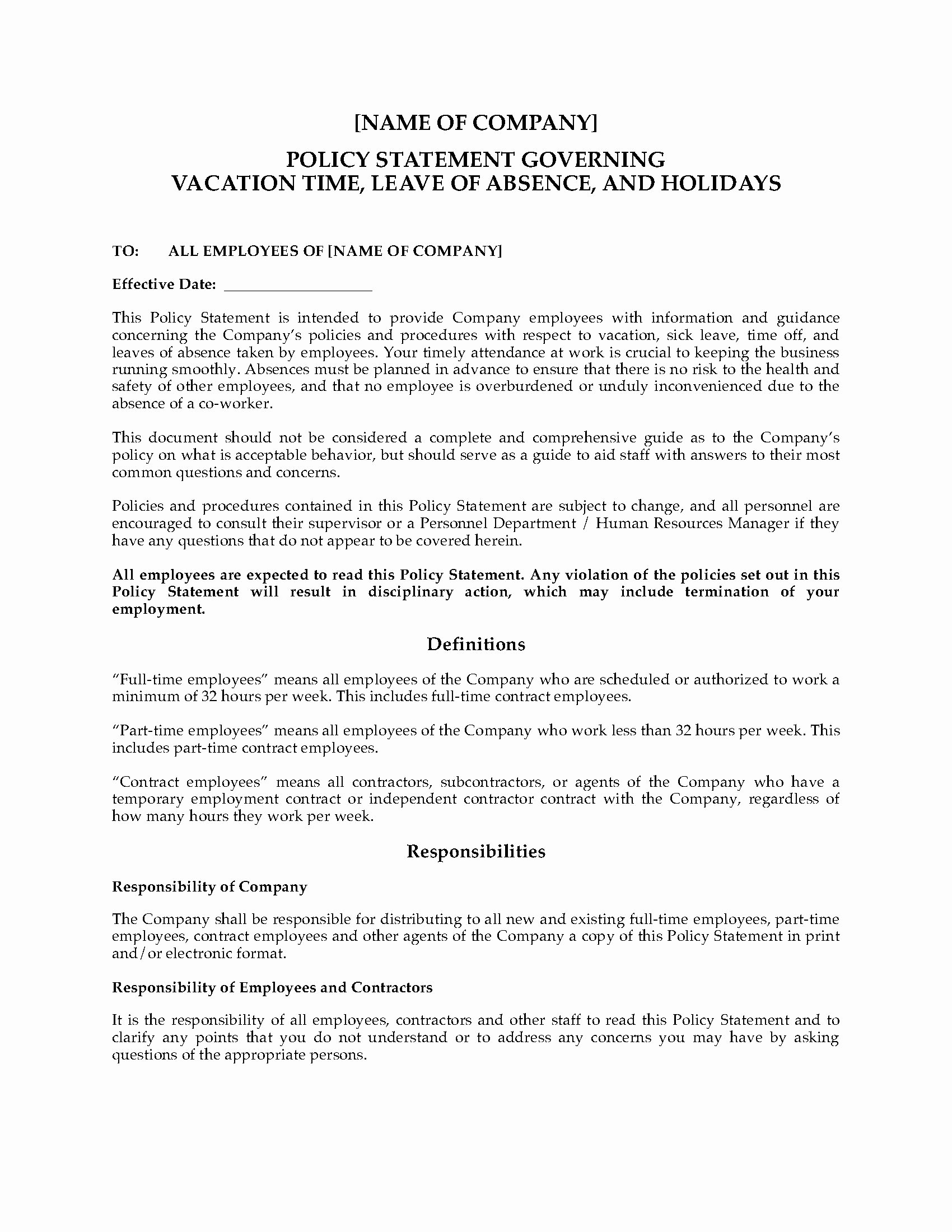 Leave Of Absence Templates Elegant Vacation Leave Of Absence and Holiday Policy Statement
