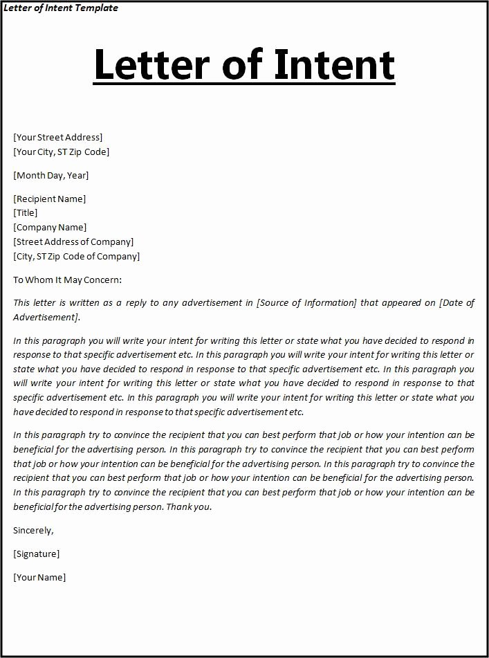 Letter Of Agreement Template Free Fresh Letter Of Intent Template
