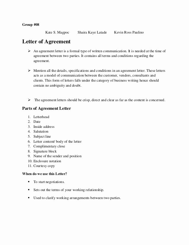 Letter Of Agreement Template Free New Agreement Letter Hardcopy