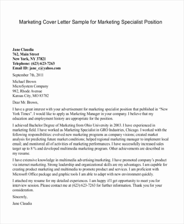 Marketing Cover Letter Template Unique 11 Marketing Cover Letter Templates Free Sample