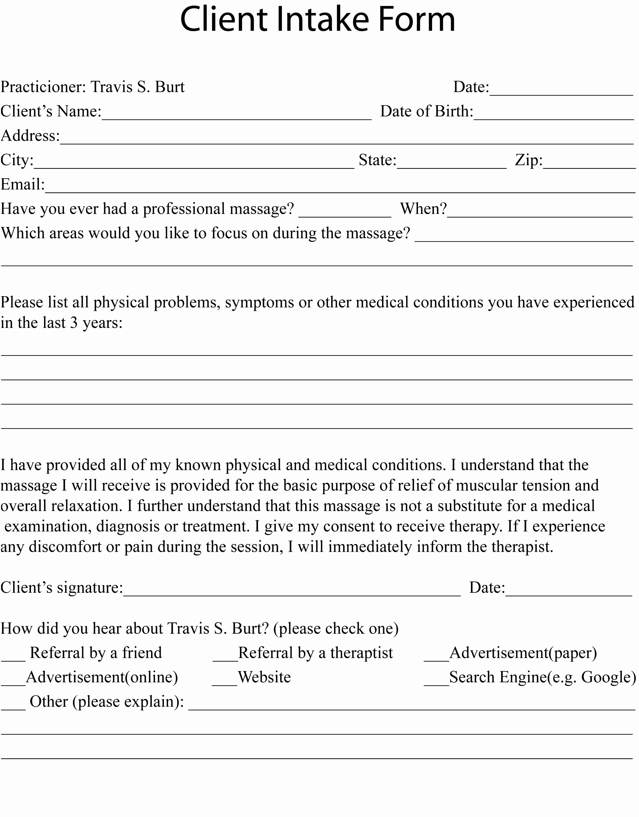 Massage therapy Intake form Template Unique Client Intake forms Printable Client Intake form