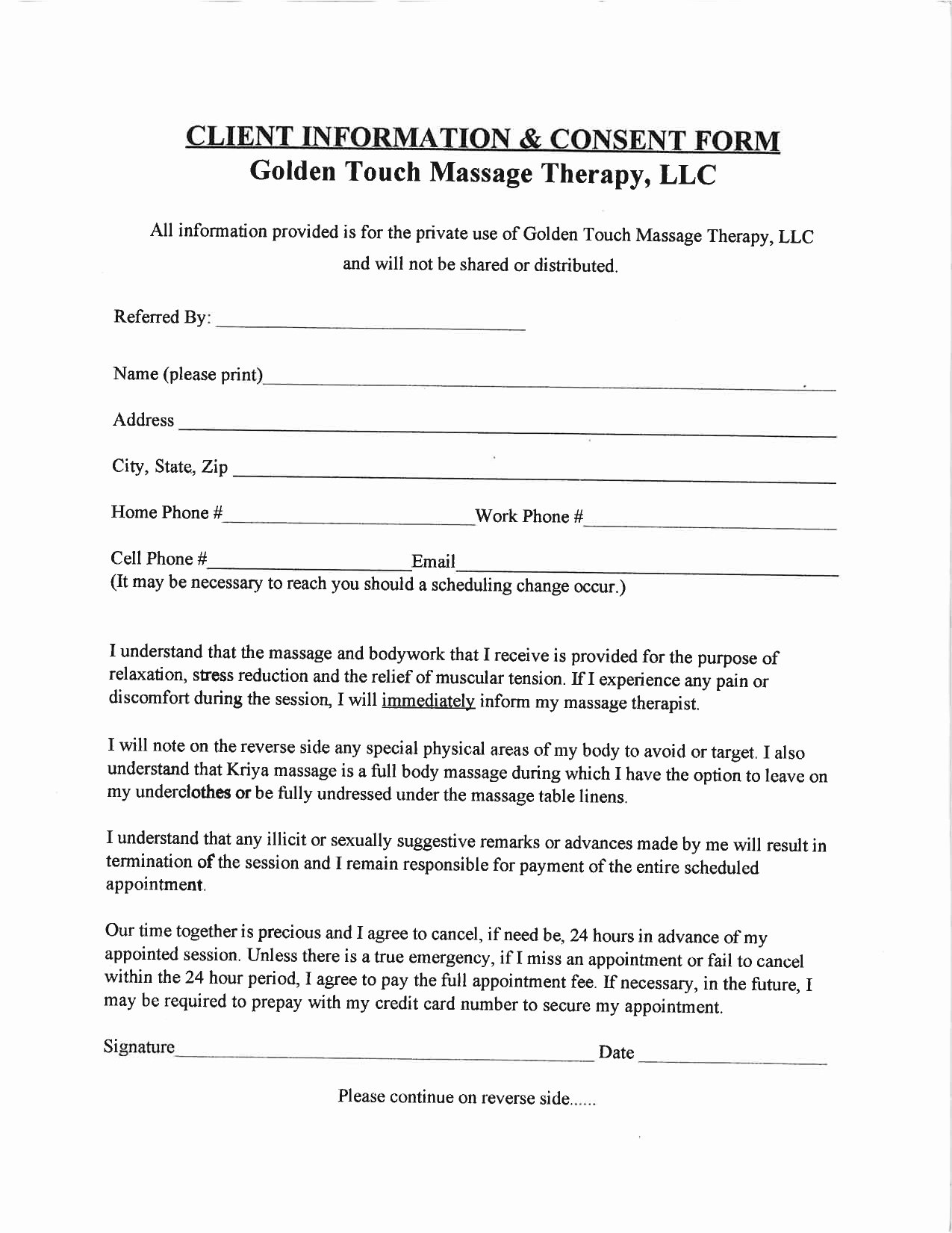 Massage therapy Intake form Template Unique Golden touch Massage therapy Client Intake form