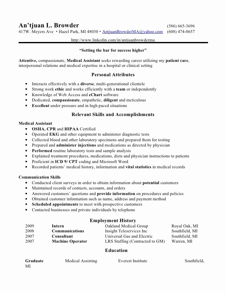 Medical assistant Resume Templates Inspirational Medical assistant Resume