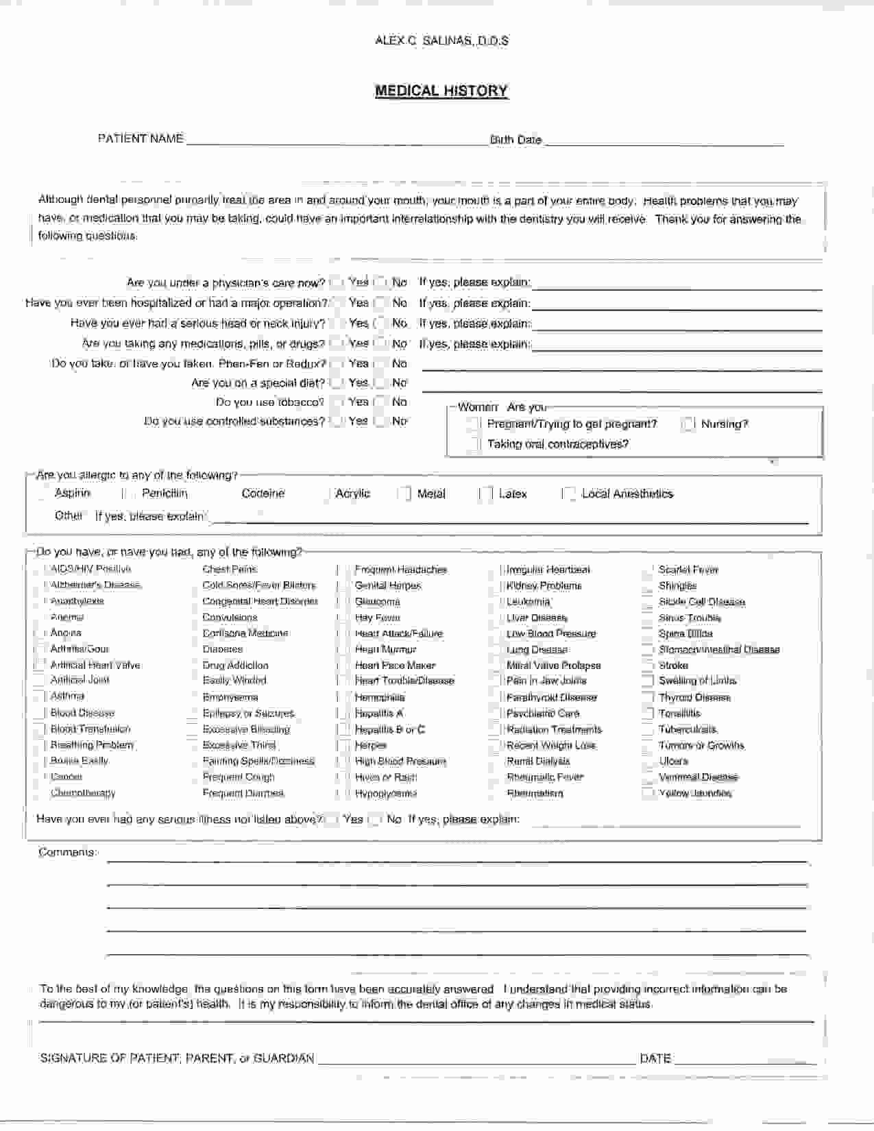 Medical History form Template Unique Medical History form for Dental Fice