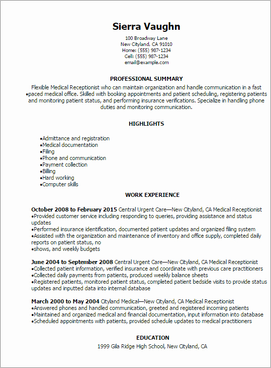 Medical Resume Template Free Luxury Professional Medical Receptionist Resume Templates to