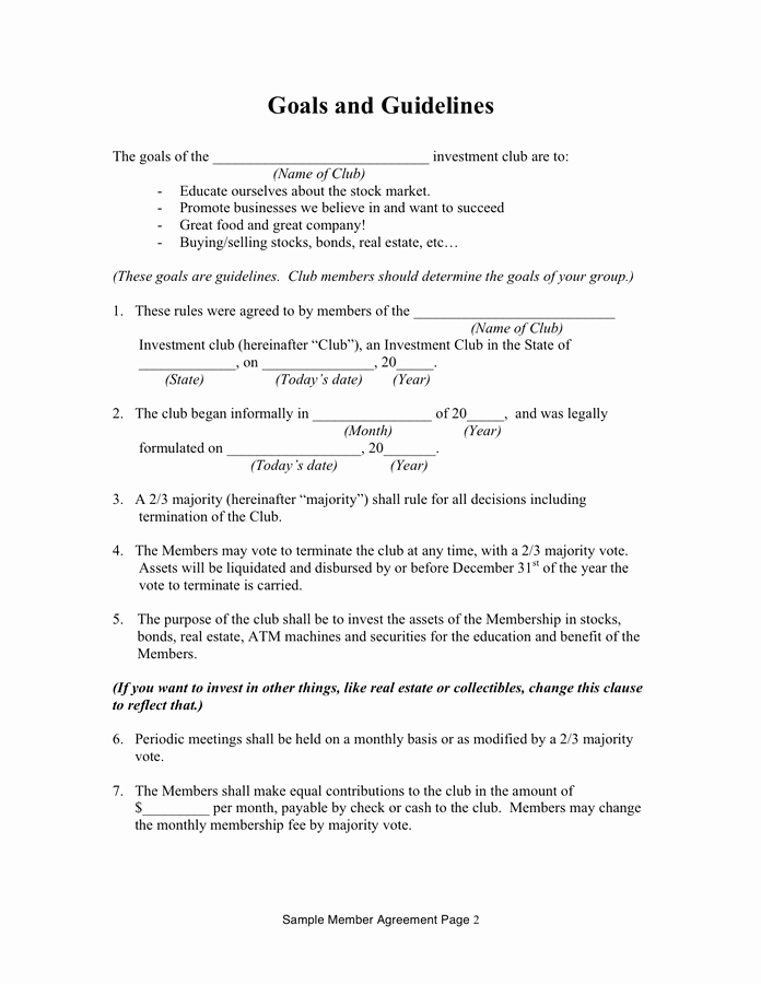 Membership Agreement Template Free Awesome Investment Club Membership Agreement Template In Word and