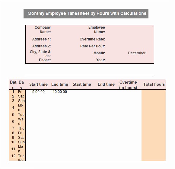 Monthly Timesheet Template Excel Lovely Free 6 Sample Excel Timesheets In Pdf