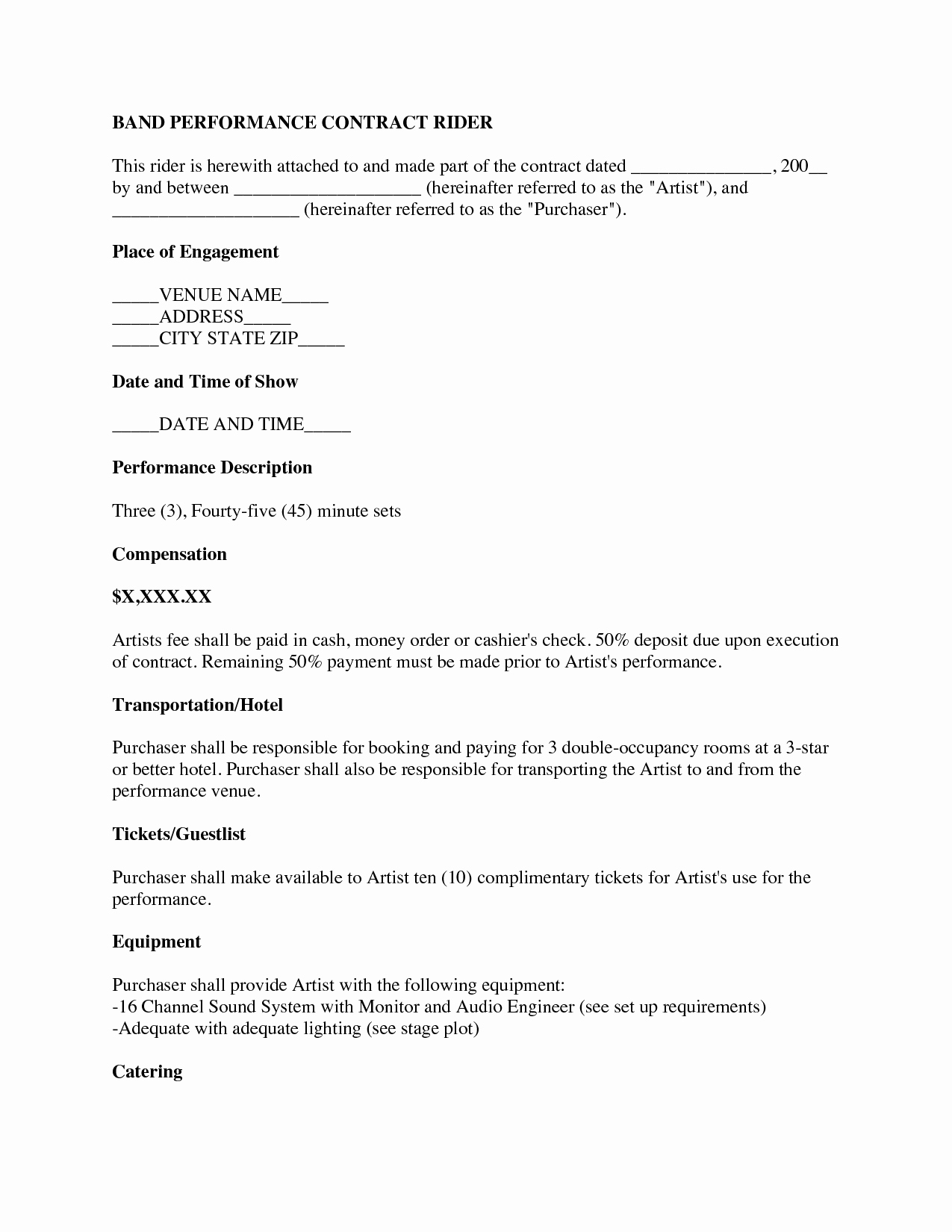 Music Artist Contract Template Fresh Music Performance Contract