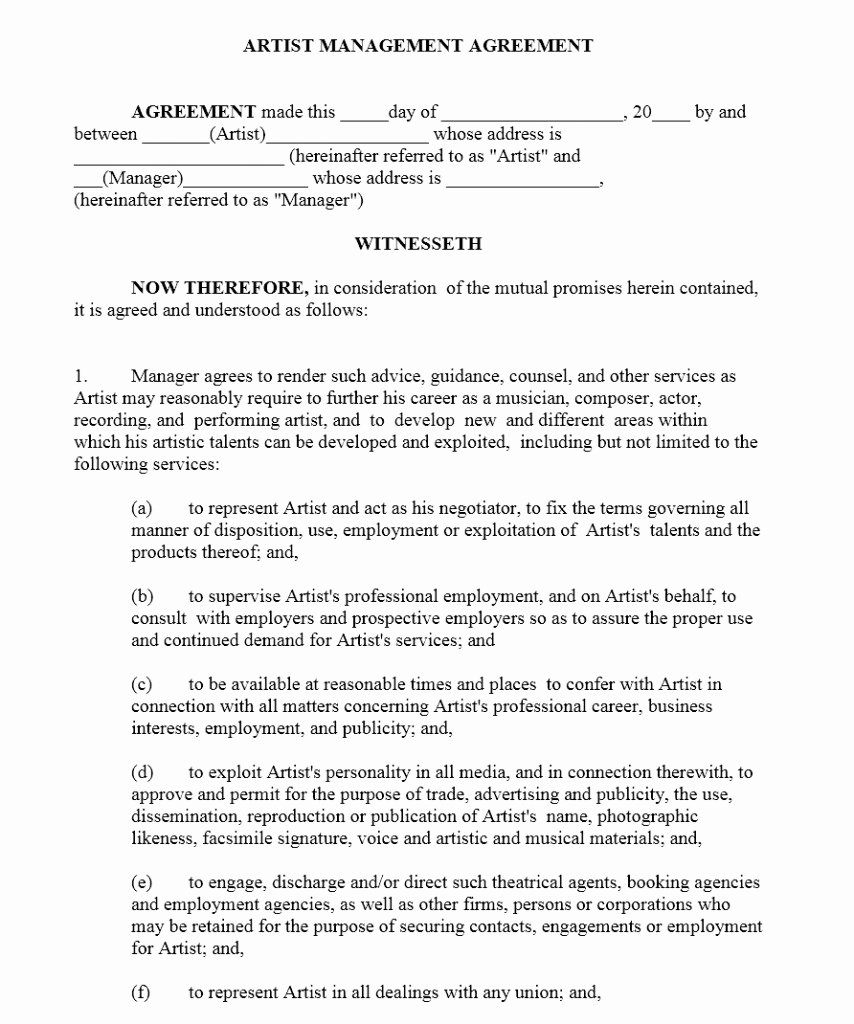 Music Artist Contract Templates Lovely Artist Management Contract Template