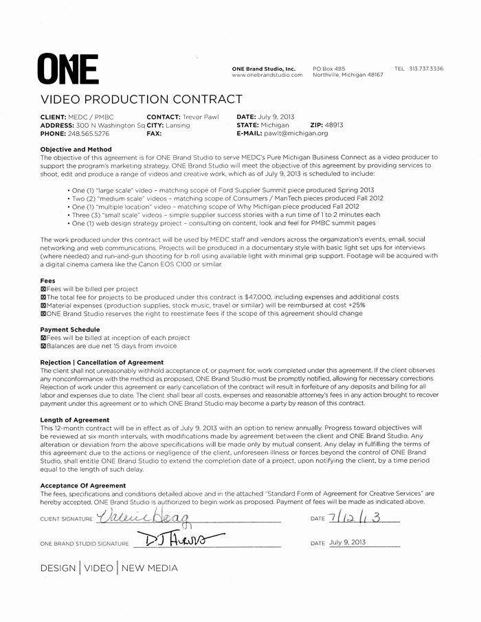 Music Producer Contract Template Inspirational Video Production Contract 6 Printable Contract Samples