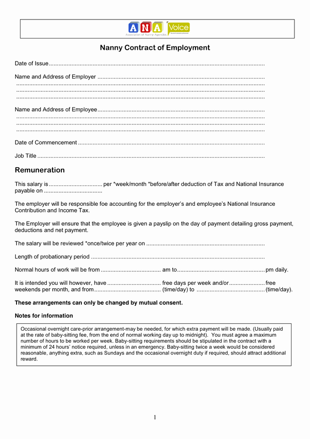 Nanny Contract Template Word Fresh Nanny Contract Of Employment In Word and Pdf formats