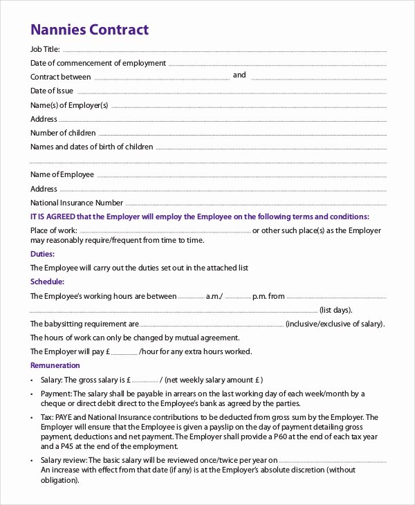 Nanny Contract Template Word New Nanny Contract Template