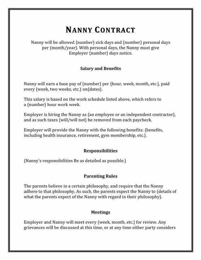 Nanny Contract Template Word Unique Nanny Contract Sample In Word and Pdf formats